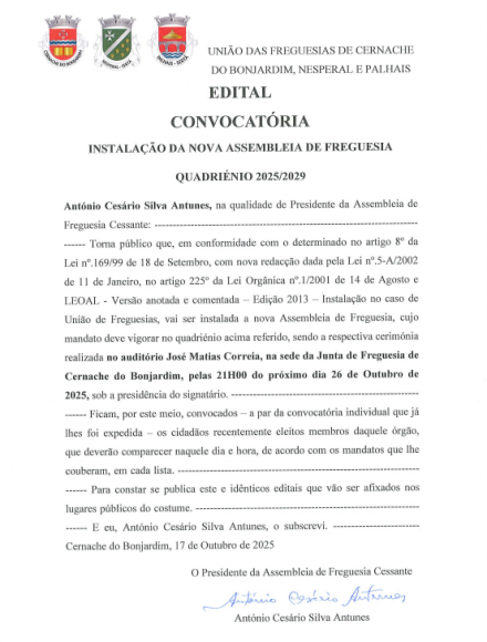 Edital - Instala&ccedil;&atilde;o da Nova Assembleia de Freguesia para o Quadri&eacute;nio 2025/2029